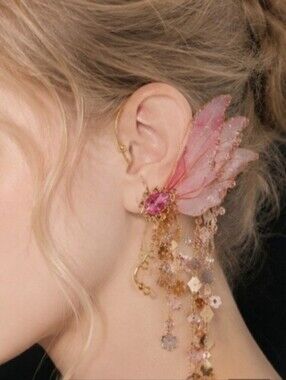 Fantasy Fairy Butterfly Ear Cuffs Pink Glitter Wings Gold Tone Dangle Chain